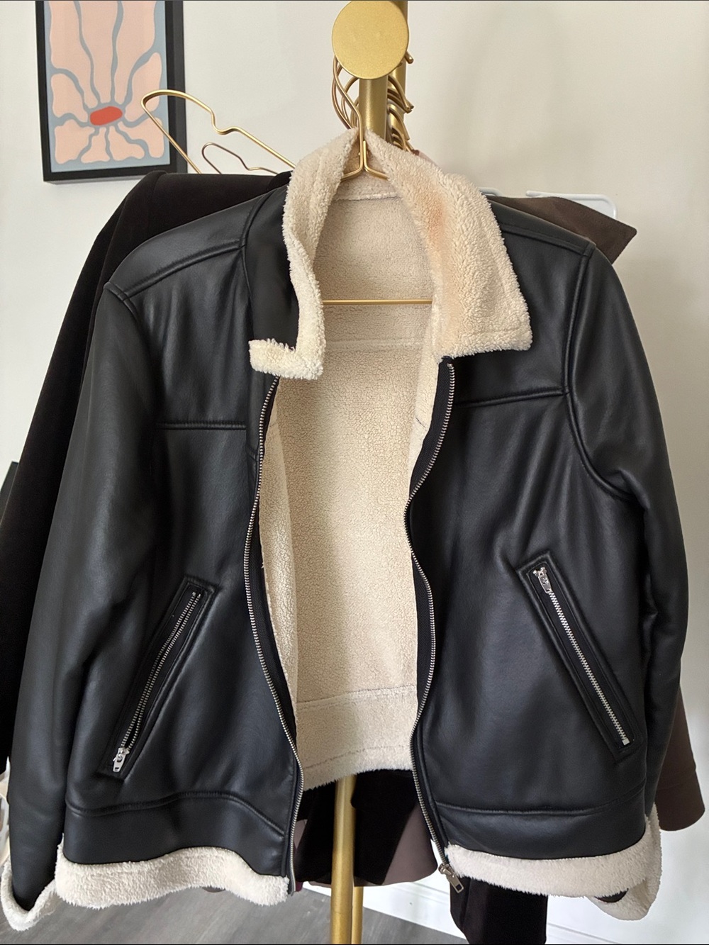 Women’s Black Faux Leather Shearling Jacket with Cream Lining